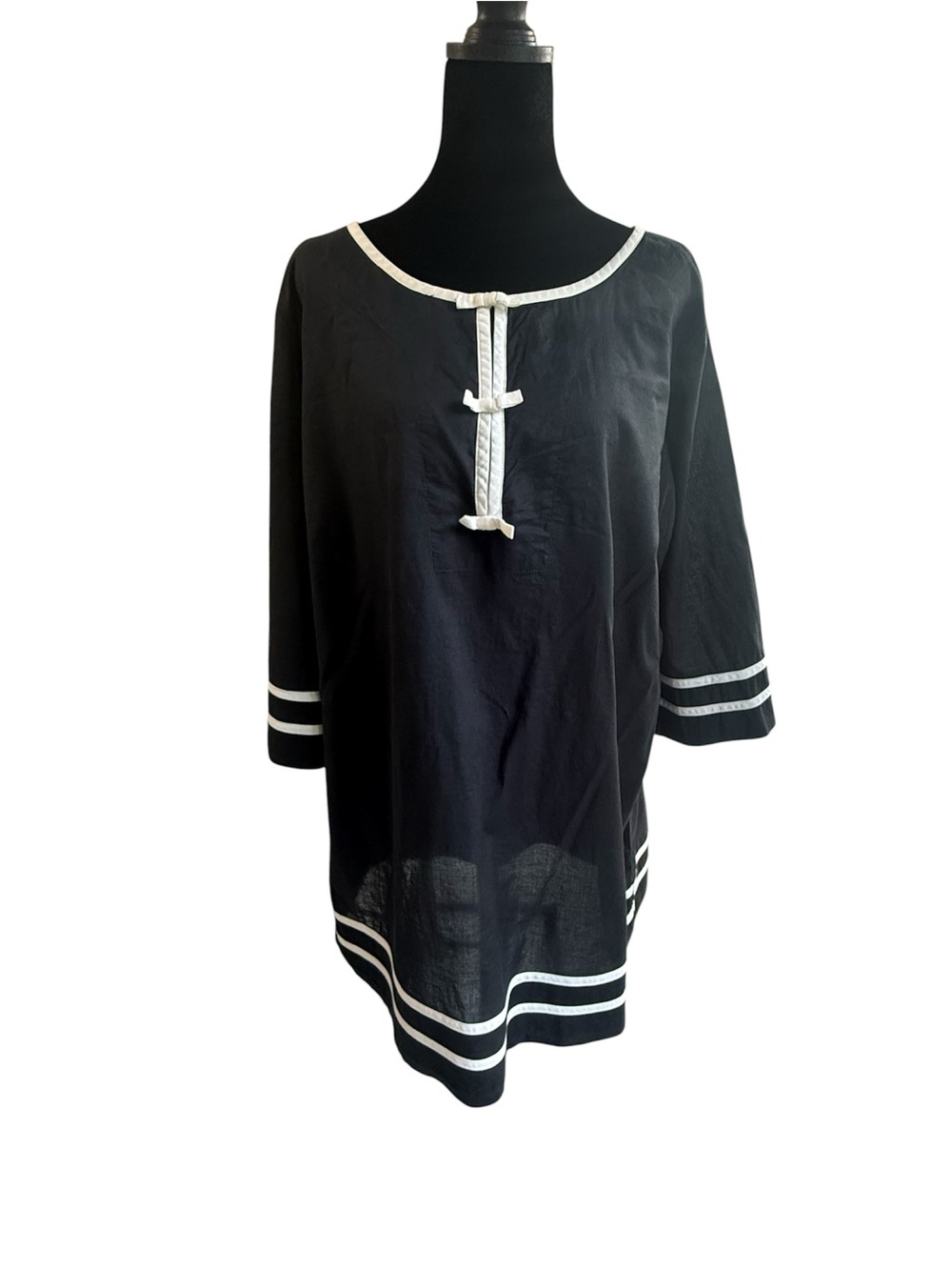 kate spade new york Navy White Trim Bow Tunic Blouse Round Neck 3/4 Sleeve XL